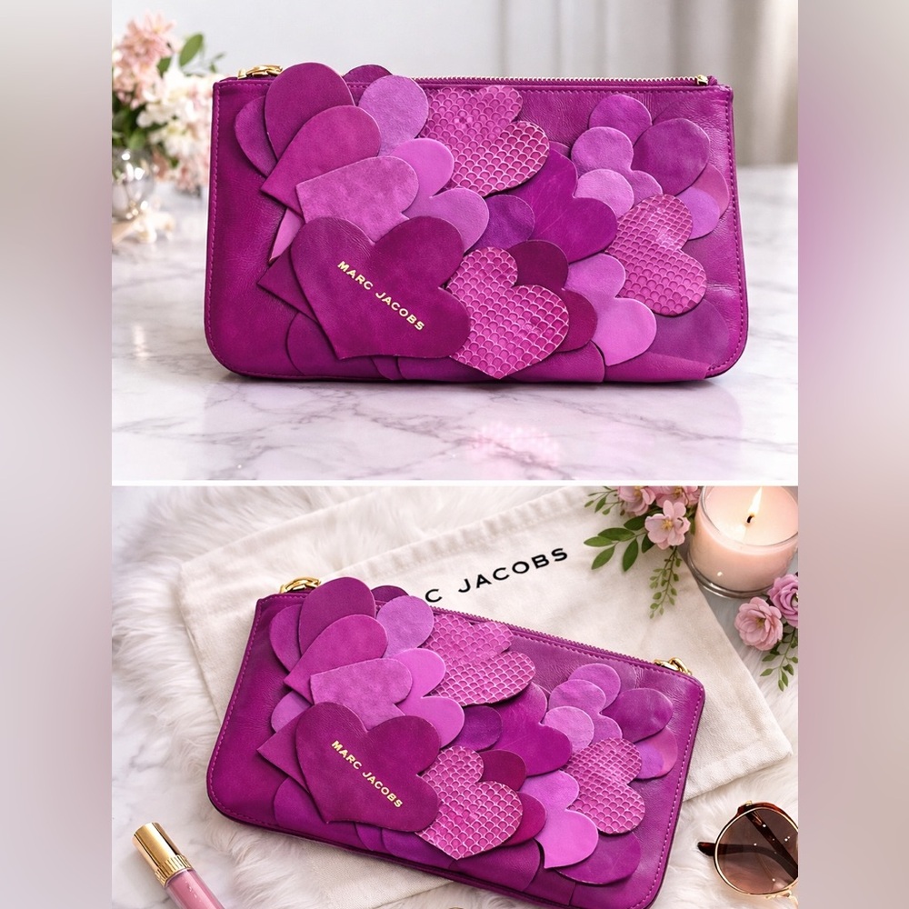 Marc Jacobs Magenta Heart Appliqué Leather Clutch “Love Story” Statement Bag